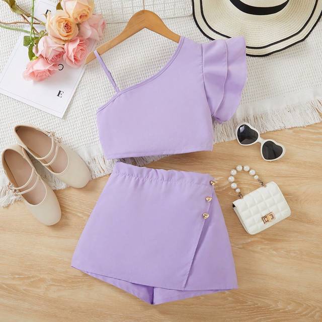 SHEIN Tween Girl Sweet & Cute Ruffle Hem Summer Top And Shorts Two-Piece Set