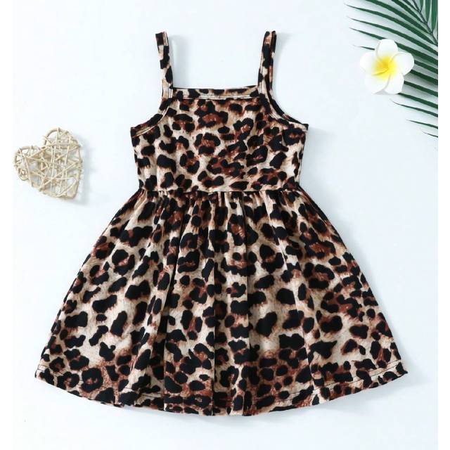 SHEIN Cute Leopard Animal Print Spaghetti Strap Dress For Baby Girls, Baby Girl Casual Wear