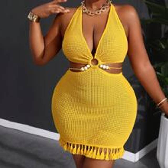 Plus Summer Beach Vacation Halterneck Midja Hollow Hem Tofs Gul Tight Mini Dress (0XL,1XL,2XL,3XL,4XL,5XL)
