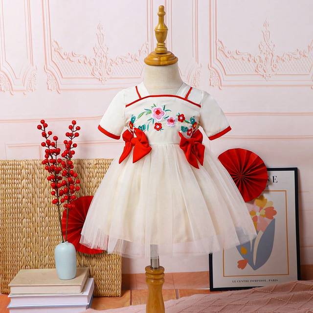 SHEIN Baby Girls&#39; Chinese Style Embroidered Bowknot Short Sleeve Hanfu Mesh Dress Summer