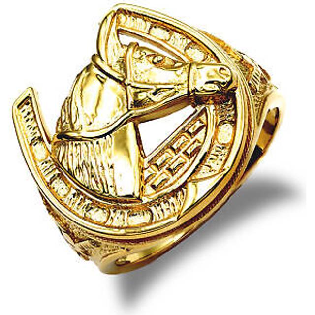 (T) Jewelco London Men's Solid 9ct Yellow Gold Horse Head Horseshoe Ring - JRN040