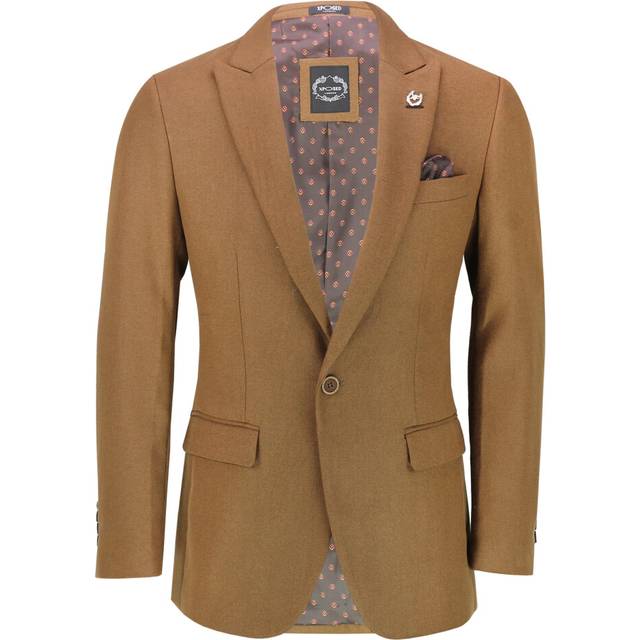 (38, Tan Camel-Single Breasted) MARCO - Double Breasted Tan Grey and Navy Tweed Jacket