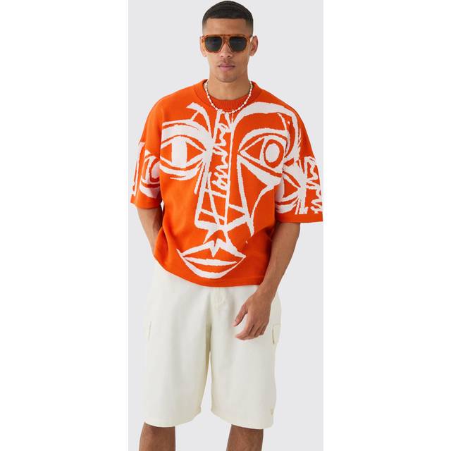 Oversized Face Line Drawing Knitted T-shirt - Orange - M
