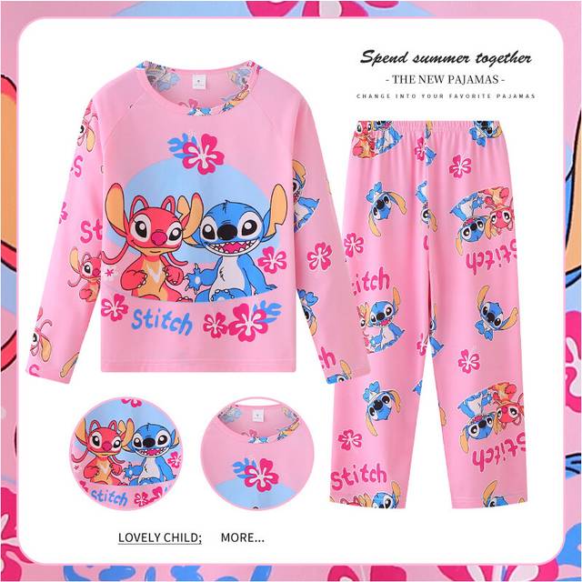 (Pink, 145cm/57.09in) Lilo Childrens  Stitch Pajamas Long Sleeve Set Cartoon Cute Pajamas