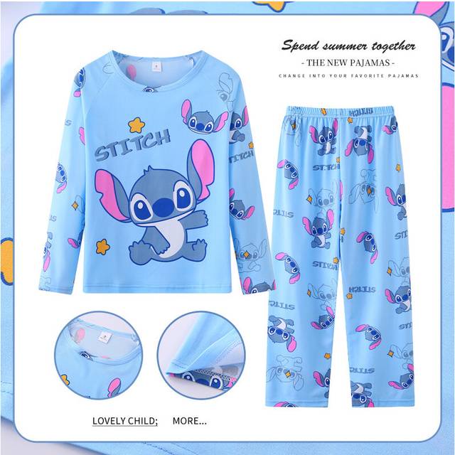 (Blue, 100cm/39.37in) Lilo Childrens  Stitch Pajamas Long Sleeve Set Cartoon Cute Pajamas
