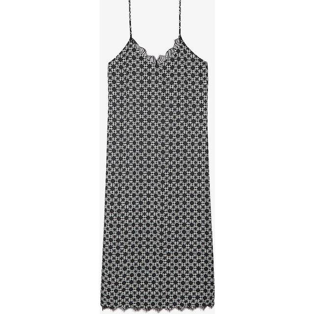 The Kooples Womens Black White Lace-trim Graphic-print Woven Midi Dress L - BLACK WHITE