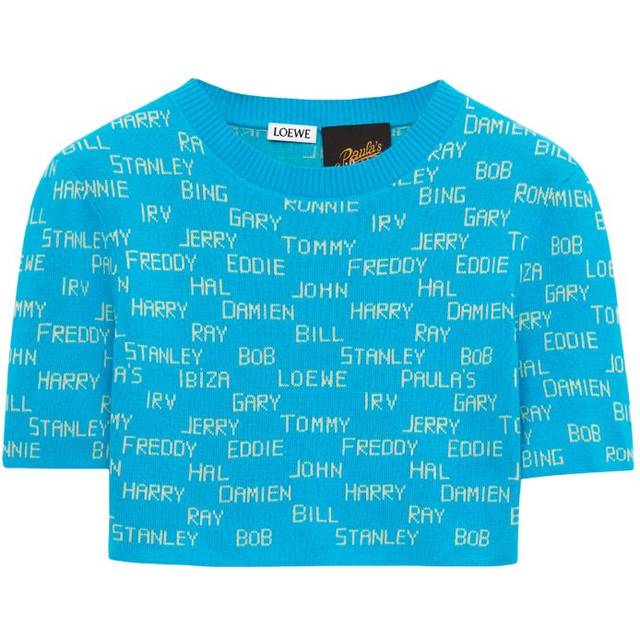 Loewe Womens Turquoise/ecru X Paula&#39;s Ibiza Name-intarsia Cropped Cotton Sweater M - TURQUOISE/ECRU