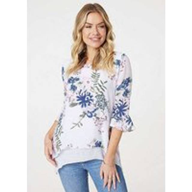 Izabel London Multi Pink Floral Three-Quarter Flare Sleeve Curve Hem Top - Pink Multi