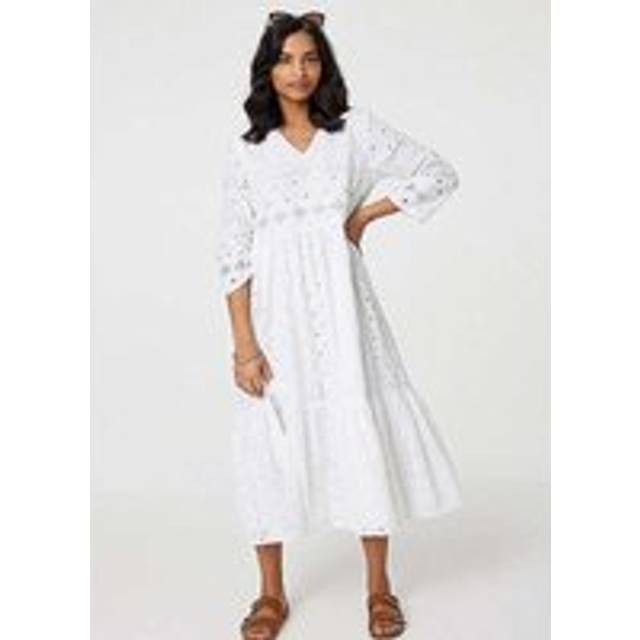 Izabel London White Broderie Anglaise Three-Quarter Sleeve Midi Dress