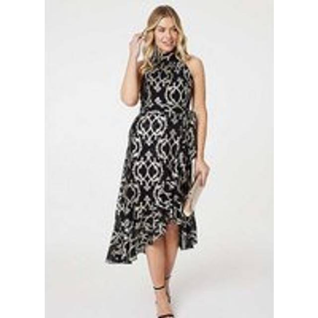 Izabel London Black Printed High Low Halter-Neck Midi Dress