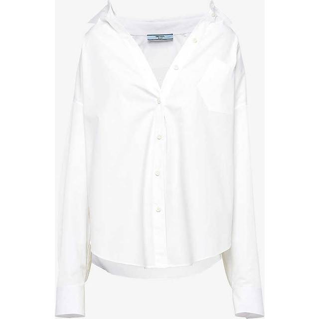 Prada Womens White Logo-embroidered Patch-pocket Oversized Cotton-poplin Shirt 10 - WHITE