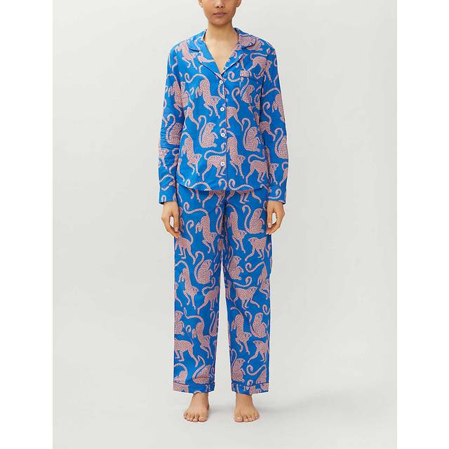 Desmond and Dempsey Womens Chango Blue Pink Monkey-print Cotton Pyjama Set Xs - Chango Blue And Pink