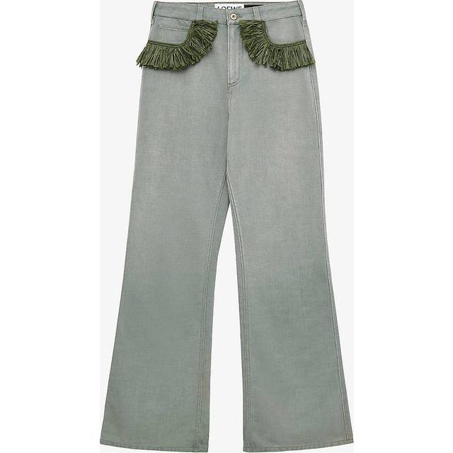 Loewe Womens Khaki Green X Paula&#39;s Ibiza Raffia-trim Flared-leg Mid-rise Jeans 10 - KHAKI GREEN