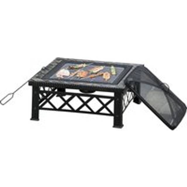Outsunny 3 In 1 Square Fire Pit Square Table Metal Brazier, Patio With Bbq Grill Shelf, Spark Screen Cover, Grate, 76 X 76 X 47cm