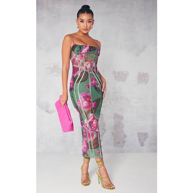 Green Floral Print Mesh Binding Detail Midaxi Dress, Green - 4