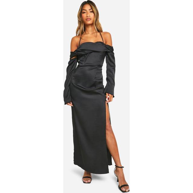 Womens Satin Cold Shoulder Maxi Dres - Black - 14, Black