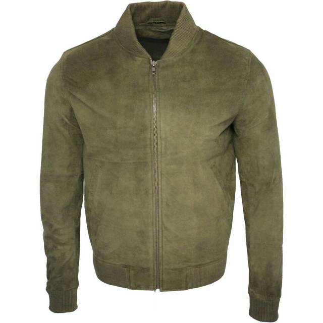 (2XL) Mens Khaki Suede Leather Bomber Varsity Jacket