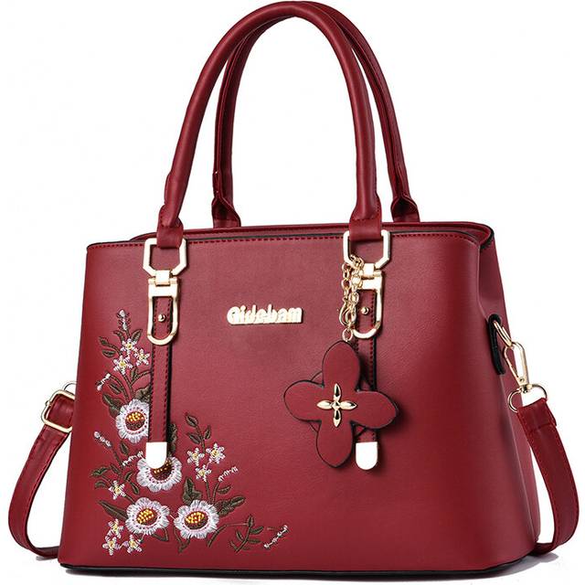 (Wine Red) Womens Handbag With Flower Pattern Shoulder Bag Large Capacity Fashion Pendant