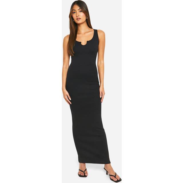 Womens Basic Rib Notch Maxi Dress - Black - 8