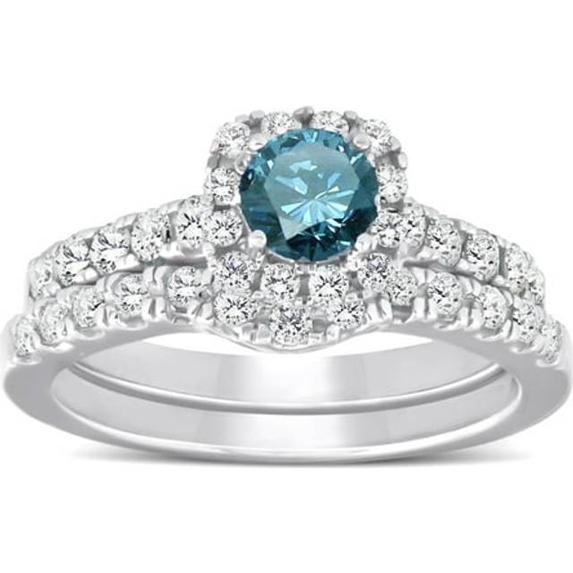 1/4ct Cushion Halo Blue Diamond Engagement Ring Wwedding Set 14k White Gold