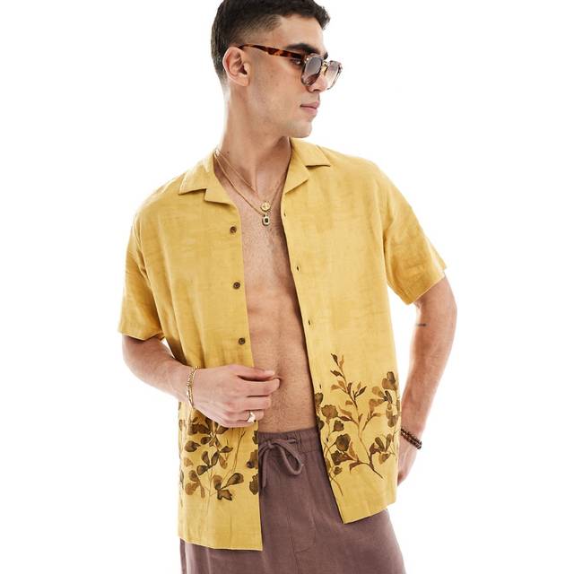 ASOS DESIGN – Gul, blommigt jacquardvävd, avslappnad skjorta med platt krage
