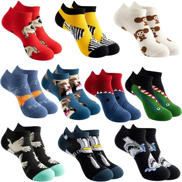 (Short-Animals) 10 Pairs Womens Socks 100% Cotton Cute Funny Animal Fruit Food Print Low Cut Elastic Socks Gifts for Adult Ladies and Teen Girls