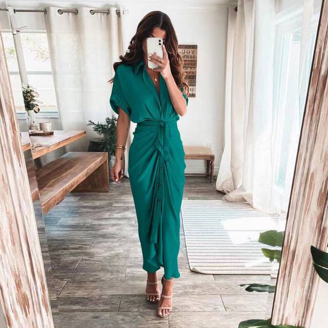 (Dark green, L) Women's Sexy Deep V Neck Buttoned Silk Satin Dress OL Commuter