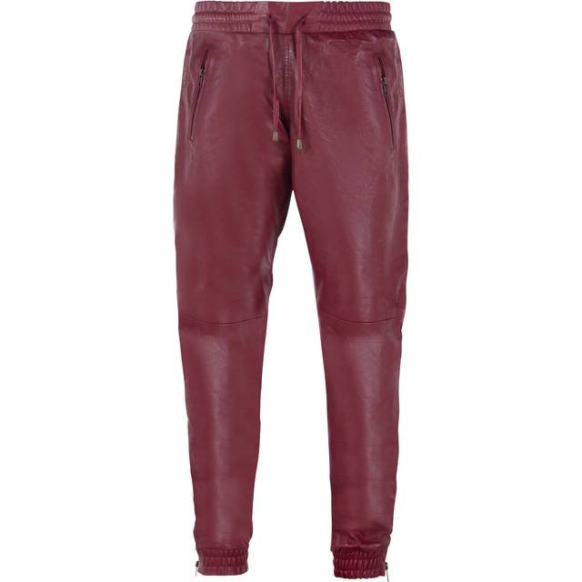 Mens real leather trousers burgundy napa sweat track pants zip jogging bottom
