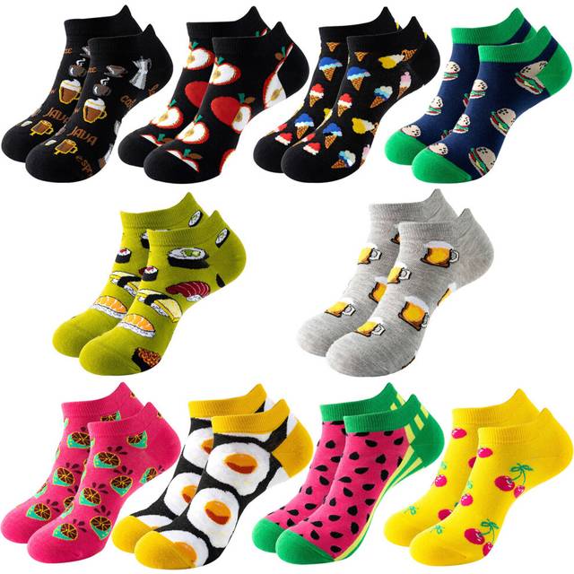 (Short-001) 10 Pairs Womens Socks 100% Cotton Elastic Animal Fruit Food Print Cute Funny Low/High Cut Socks Gifts for Adult Ladies and Teen Girls