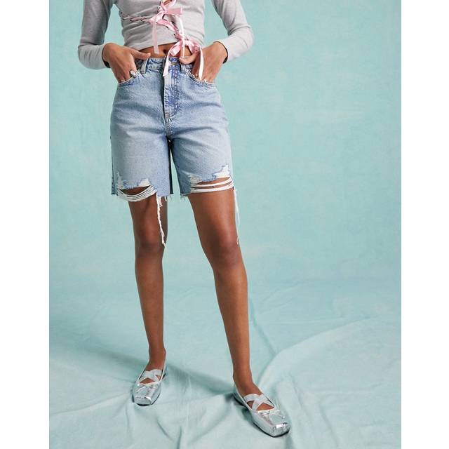 Miss Selfridge – Blå, långa jeansshorts i boyfriend-modell
