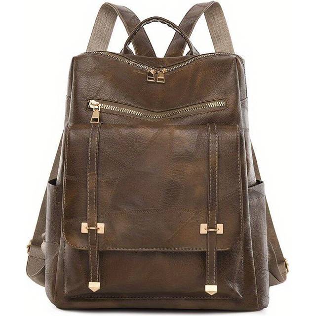 (Khaki) Vintage Solid Color Backpack, Women's Fashion Travel Commute Knapsack