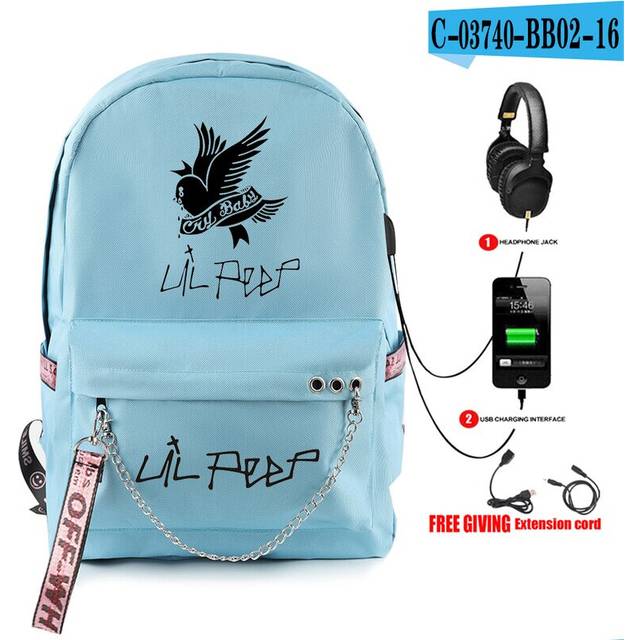 (5) Harajuku Novelty Cute Rap Lil Peep backpack Usb Rechargeable Schoolbag