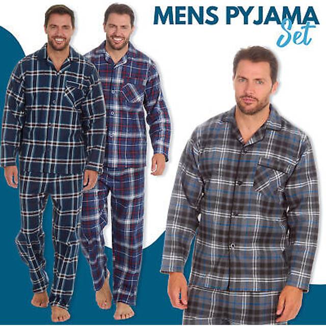 (Blue, XX-Large) Mens Thermal 2-Piece Pyjama Set Blue Check 100% Cotton Pyjamas Energy Saving Nightwear Pj'S Sizes M-Xxl