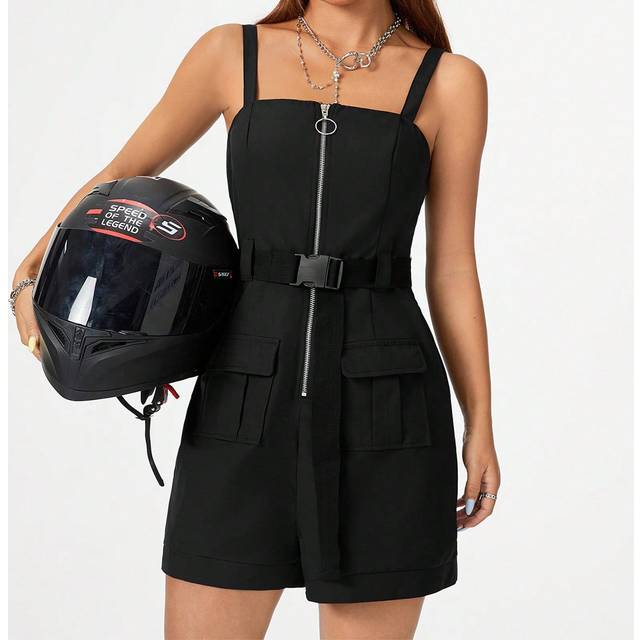 SHEIN Black Multi-Pocket Heavy-Duty Work Wear Short Overalls With Braces