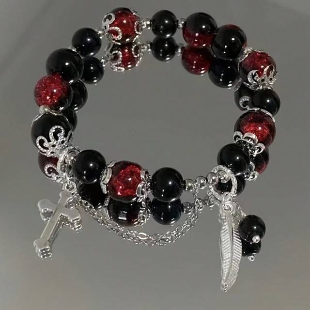 SHEIN 1 Pc Vintage Punk Style Black Red Beads Bracelet With Cross & Feather Pendant For Women Men