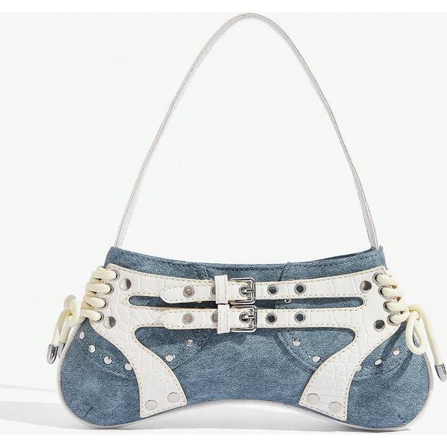 SHEIN LADIES,WOMEN,WOVEN BAG,HOBO BAG,VINTAGE,RETRO,Denim Effect, Splicing, Lace-Up, Ballet Style, Motorcycle, Shoulder Bag