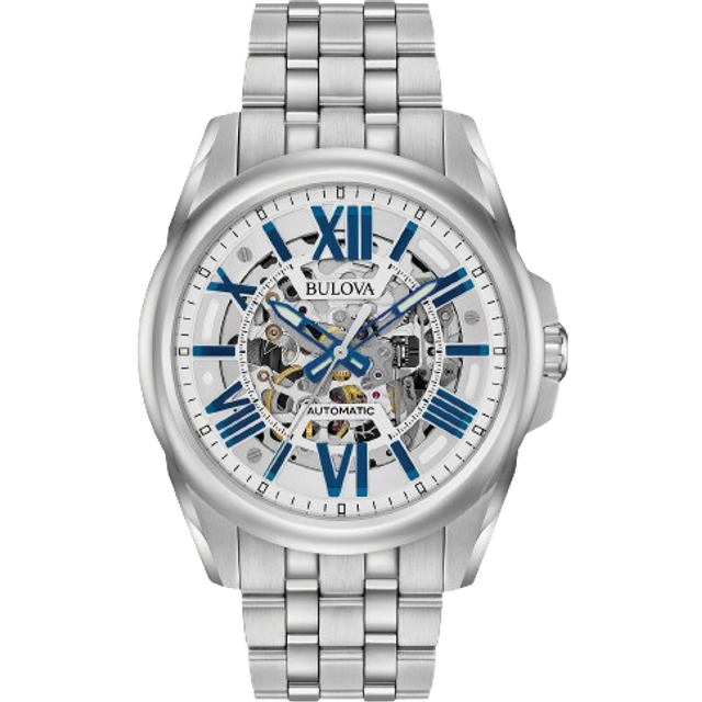 Bulova 96A187 Men's Wilton Automatic Skeleton Dial Bracelet Strap Watch, Silver/Blue