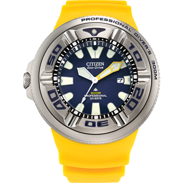 Citizen BJ8058-06L Men's Pro Master Ecozilla Professional Diver Eco-Drive Date Band Strap Watch, Yellow/Blue