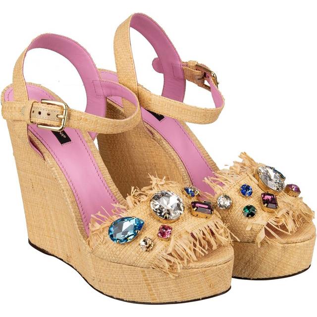 Dolce & gabbana woven straw crystal plateau sandals pumps bianca beige 12490
