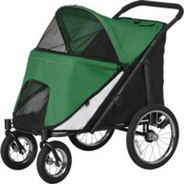 Pawhut Foldable Pet Stroller With Washable Cushion, Storage Bags, Safety Leash For Medium And Large Dogs Cats Travel, Dark Green