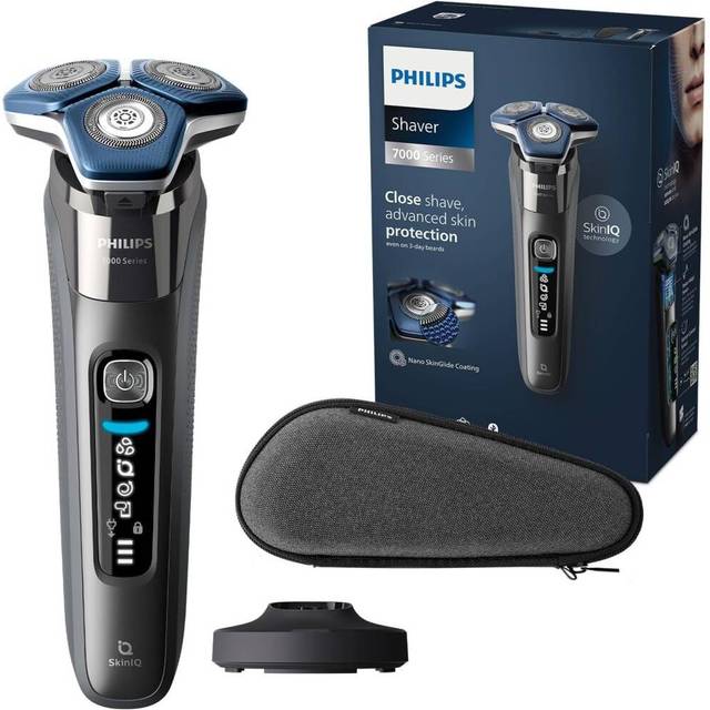 Philips Shaver Series 7000 - Elektrisk rakapparat för våt- och torrakning med SkinIQ-teknik, popup-trimmer, laddningsställ, resefodral och rengöringsborste (modell S7887/35)