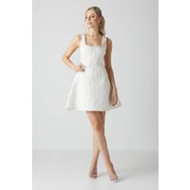 Jacquard Full Skirted Mini Dress With Jewel Trim - Ivory - 12