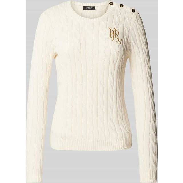 Ralph Lauren, Round-neck Knitwear, female, White, S, Cotton Jumper with Braids and Buttons