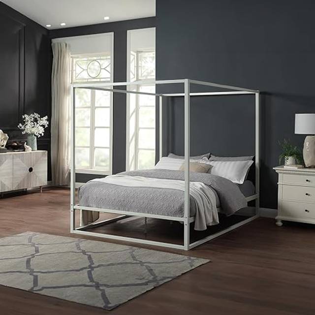 (King 150 x 200cm, No Mattress) ASHWELL MODERN 4 FOUR POSTER WHITE METAL BED FRAME