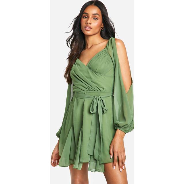 Womens Tall Godet Hem Lace Up Chiffon Skater Dress - Green - 8, Green