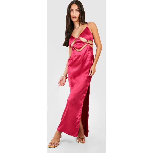 Womens Petite Satin Strappy Cut Out Maxi Slip Dress - Pink - 14