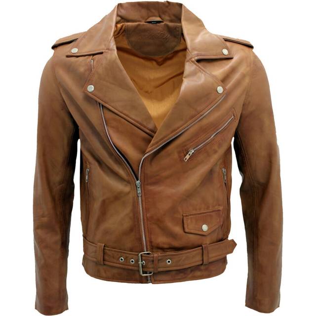 Men's tan retro brando casual biker jacket 100% nappa leather