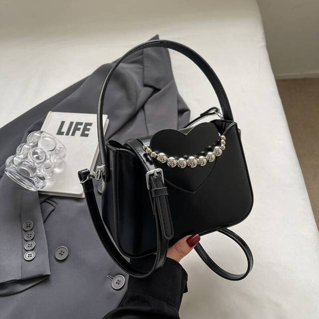 (Black) Love Bag Crossbody High Quality Pearl Under The Arm Bag Pu Material Female Bag