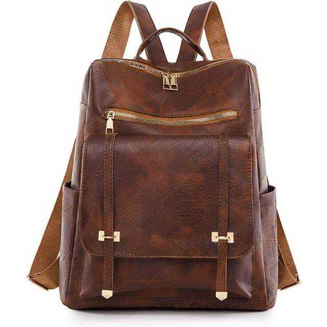 (Light Brown) Vintage Solid Color Backpack, Women's Fashion Travel Commute Knapsack
