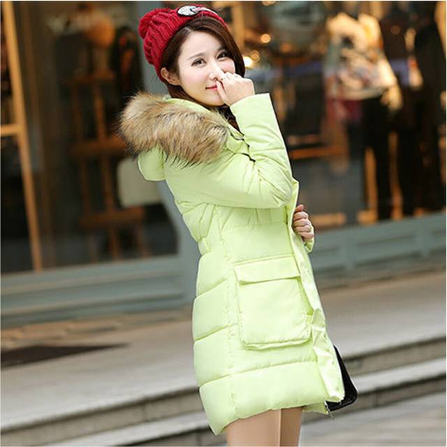(green, L) Woman Thick Fur Collar Cotton Coat